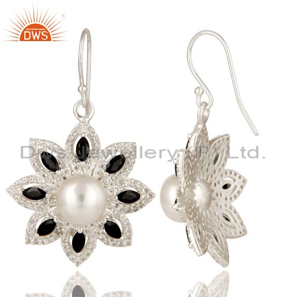 Suppliers 925 Sterling Silver Pearl, Black Onyx And White Topaz Flower Dangle Earrings