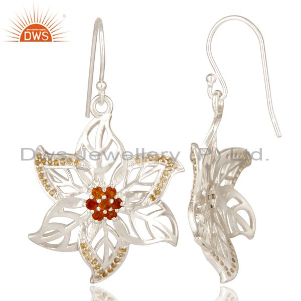Suppliers 925 Sterling Silver Natural Citrine Gemstone Floral Design Dangle Earrings