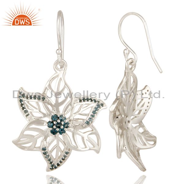 Suppliers 925 Sterling Silver London Blue Topaz Gemstone Floral Design Dangle Earrings