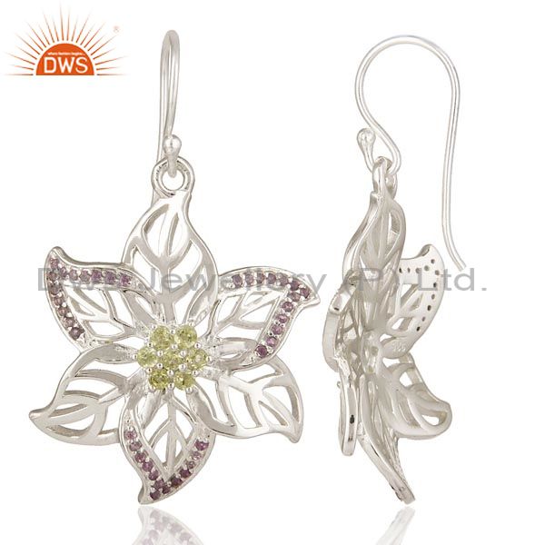 Suppliers 925 Solid Sterling Silver Amethyst And Peridot Designer Dangle Leaf Earrings
