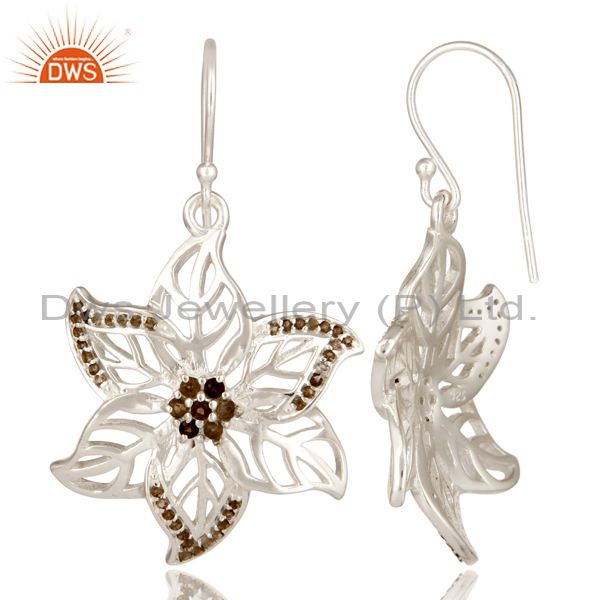 Suppliers 925 Sterling Silver Smoky Quartz Gemstone Floral Design Dangle Earrings