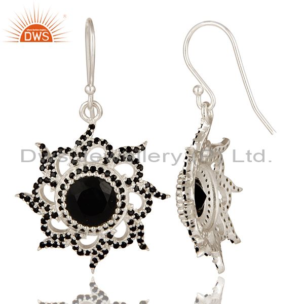 Suppliers Solid 925 Sterling Silver Flower Design Spinal & Black Onyx Drops Earrings
