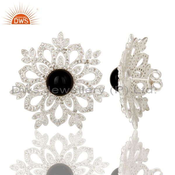 Suppliers Black Onyx and White Topaz Sterling Silver Flower Designer Stud Earring
