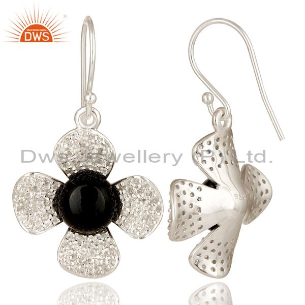 Suppliers Black Onyx And White Topaz Sterling Silver Gemstone Flower Dangle Earrings