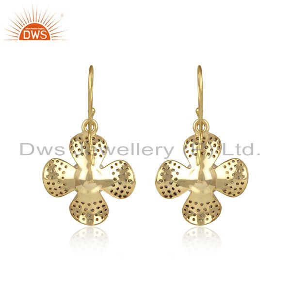 Floral design cz pave earring in yellow gold on silver with pearl