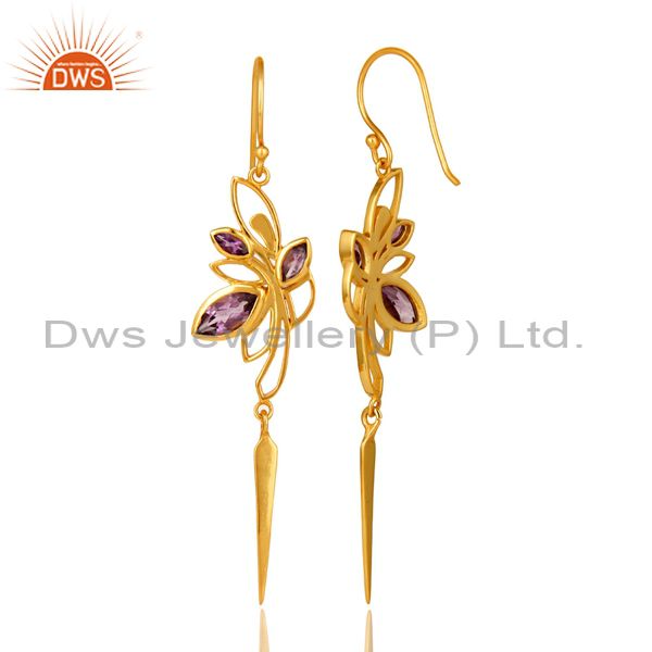 Suppliers 14K Yellow Gold Plated Amethyst Gemstone Modern Design Dangle Earrings
