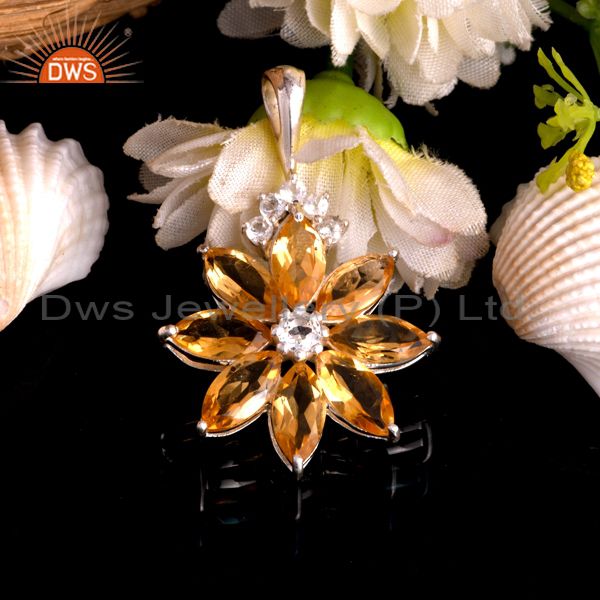 Exporter Natural Citrine 925 Sterling Silver Solitaire Pendant With White Topaz