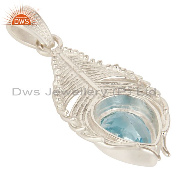 Suppliers Designer Sterling Silver Natural Blue Topaz Gemstone Peacock Feather Pendant