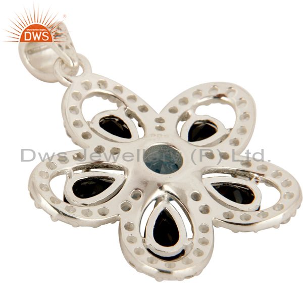 Suppliers 925 Sterling Silver Blue Topaz And Black Onyx Flower Pendant With White Topaz