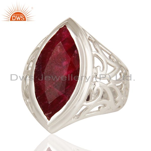 Exporter 925 Sterling Silver Red Ruby Corundum Gemstone Marquise Cut Statement Ring