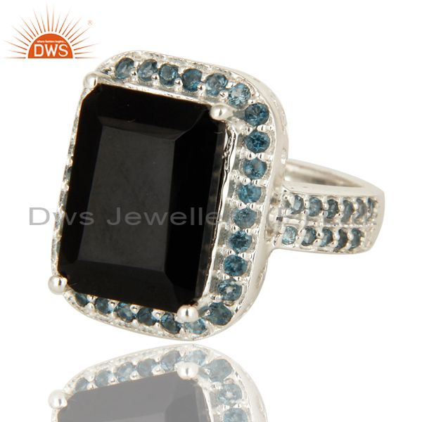 Suppliers 925 Sterling Silver Black Onyx Solitaire Halo Engagement Ring With Blue Topaz