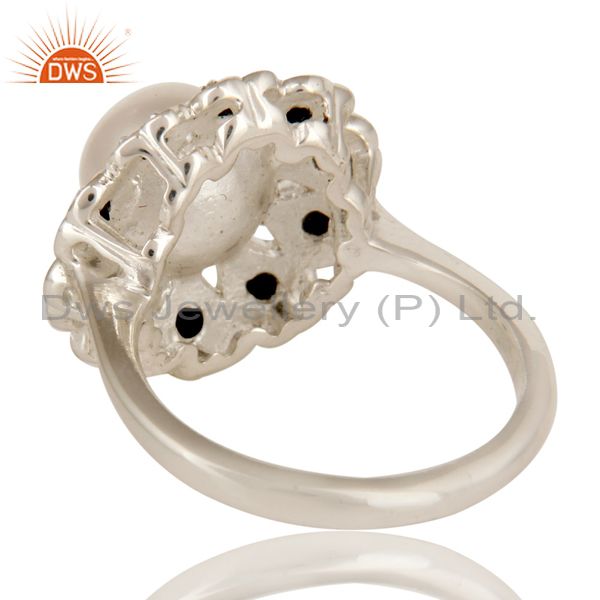 Suppliers 925 Sterling Silver Natural White Pearl And Black Spinel Flower Cocktail Ring