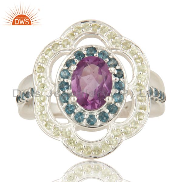 Exporter Amethyst, Blue Topaz And Peridot Sterling Silver Halo Gemstone Cocktail Ring
