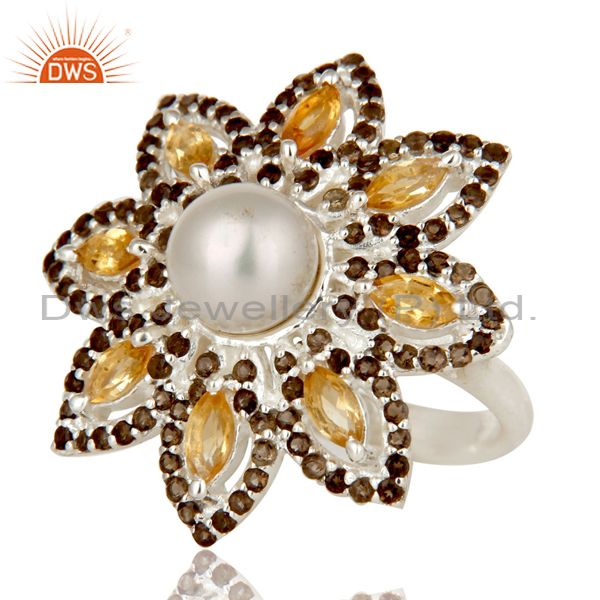 Suppliers Sterling Silver Pearl Citrine and Smokey Quartz Flower Design Cocktail Ring