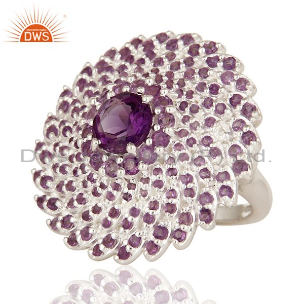 Exporter 925 Sterling Silver Amethyst Gemstone Round Cut Cluster Flower Cocktail Ring
