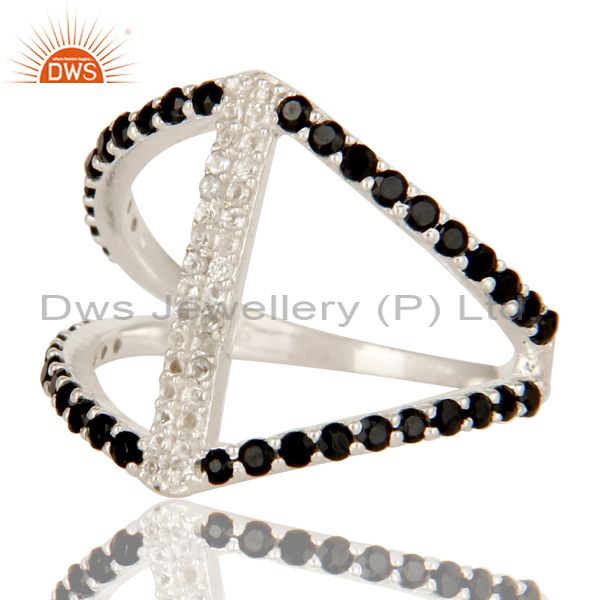 Exporter 925 Sterling Silver Cutout Ring Studded With White Topaz And Black Onyx