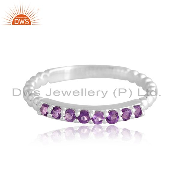 Silver White Ring With Amethyst Round Cut And High Polish