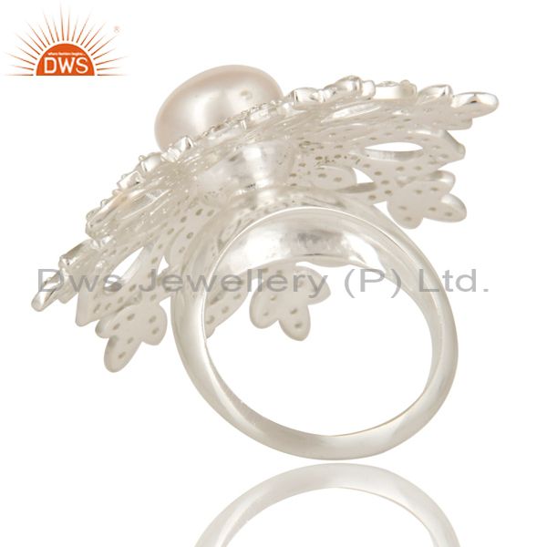 Suppliers 925 Sterling Silver White Topaz And Pearl Flower Cocktail Ring