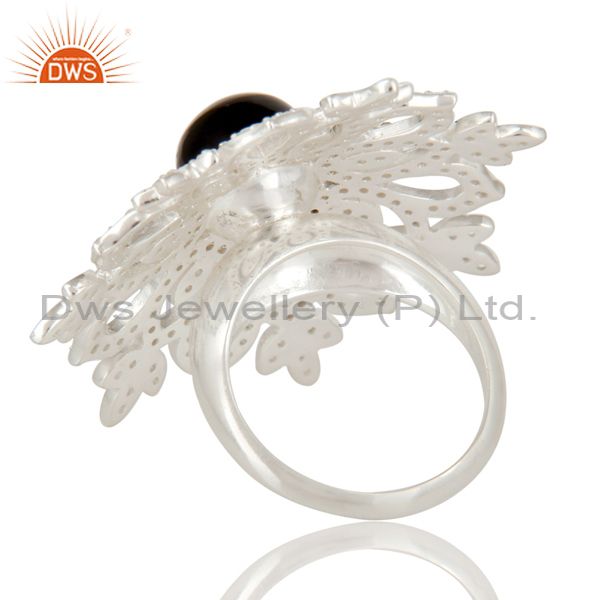 Suppliers 925 Sterling Silver Black Onyx And White Topaz Flower Designer Cocktail Ring