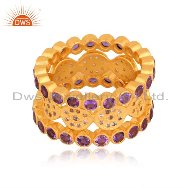 Exporter 14K Yellow Gold Plated Amethyst And White Topaz Eternity Band Ring 3 Pcs Set