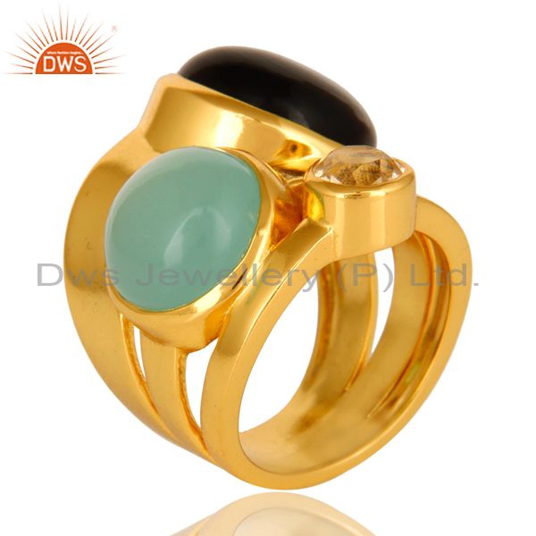 Exporter High Polish 14K Yellow Gold Plated Brass Black Onyx And Blue Chalcedony Ring