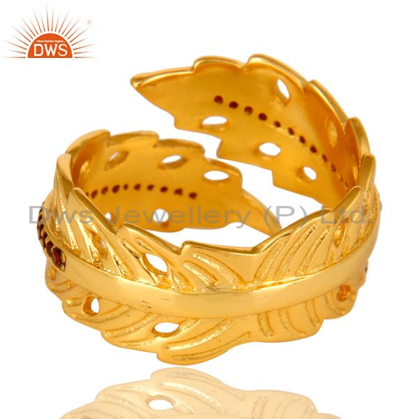 Suppliers 14K Yellow Gold Plated Brass Garnet Gemstone Fashion Leaf Design Adjustable Ring