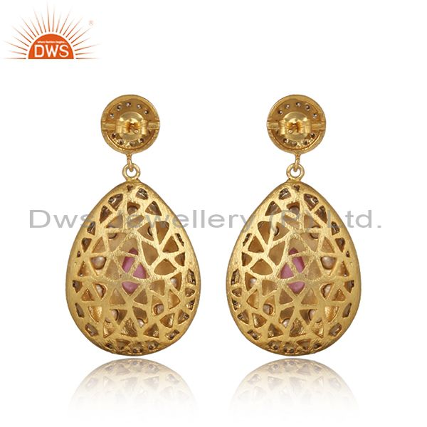 Traditional design gold on silver 925 pink tourmaline earring