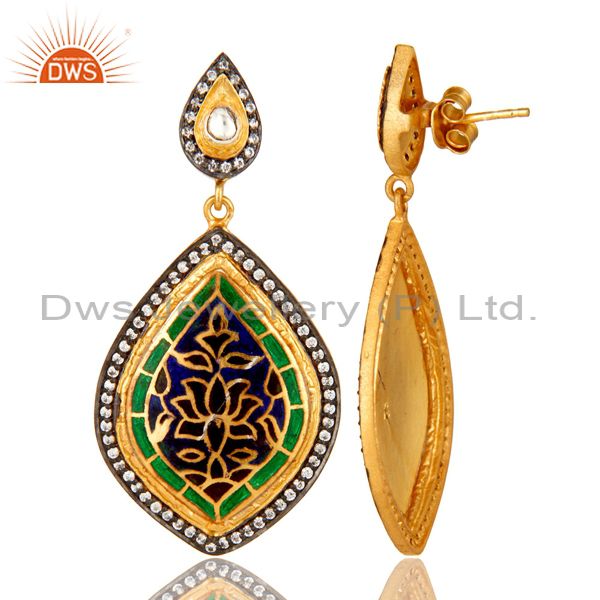 Suppliers 18K Yellow Gold Plated Sterling Silver CZ And Enamel Design Dangle Earrings