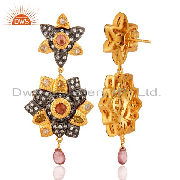 Suppliers Pink Tourmaline And CZ Gold Plated Sterling Silver Designer Dangle Earrings