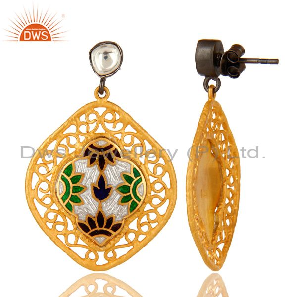 Suppliers Handcrafted Sterling Silver Crystal Polki Enamel Designer Earrings - Gold Plated