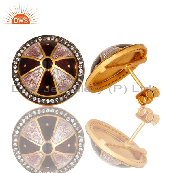 Suppliers 18K Yellow Gold Plated Sterling Silver CZ And Enamel Work Womens Stud Earrings