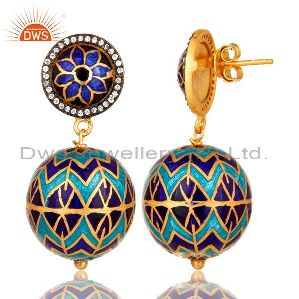 Suppliers 18K Gold Plated Sterling Silver CZ And Enamel Disc Design Dangle Earrings