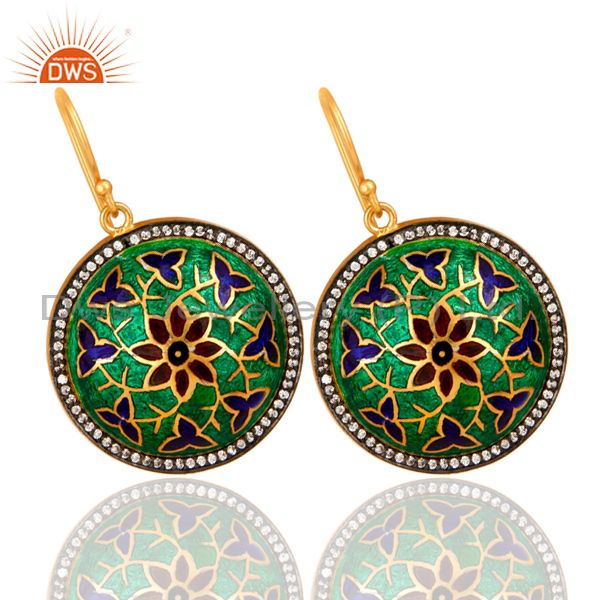 Suppliers 18K Gold Plated Sterling Silver CZ And Floral Enamel Design Dangle Earrings