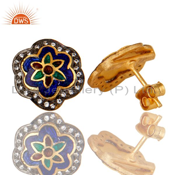Suppliers 18K Gold Plated Sterling Silver Enamel Work Ethnic Fashion Stud Earrings With CZ