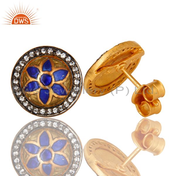 Suppliers 22K Yellow Gold Plated Sterling Silver CZ And Enamel Design Round Stud Earrings