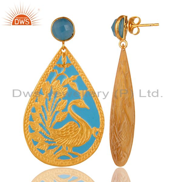 Suppliers 18K Yellow Plated Aqua Blue Chalcedony Gemstone Peacock Design Dangle Earrings
