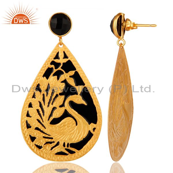 Suppliers 18K Gold Plated Natural Black ONyx Peacock Designer Earrings With Black Enamel