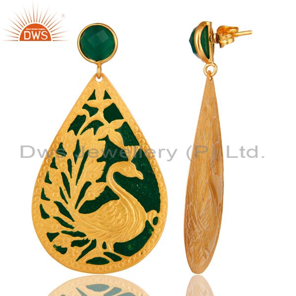 Suppliers 18K Yellow Gold Over Brass Handmade Green Onyx Designer Peacock Dangle Earrings