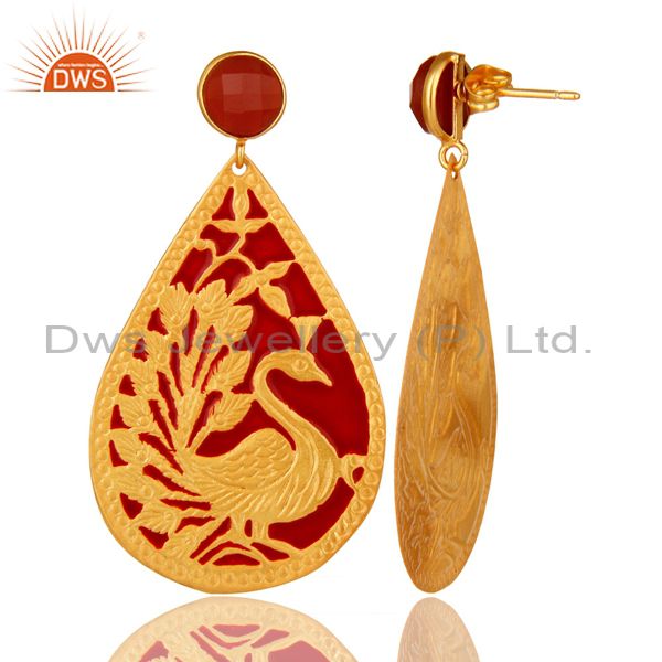 Suppliers 18K Yellow Gold Over Brass Handmade Red Onyx Designer Dangle Earrings With Ename