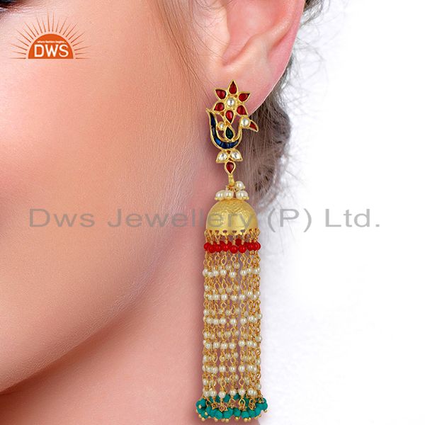 Suppliers Peacock Colored Stone Jhumkas 925 Sterling Silver Gold Plated Kundan Jewelry