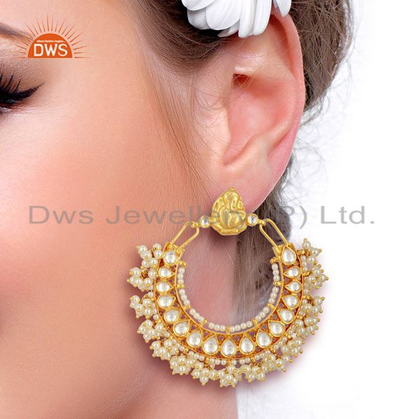 Suppliers Kundan Polki 92.5 Sterling Silver Gold Plated Chand Bali Temple Jewelry