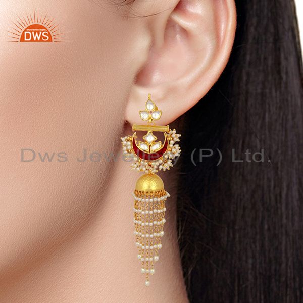 Suppliers Kundan Polki With Pearl Jhumkas  Sterling Silver Gold Plated Traditional Jewelry