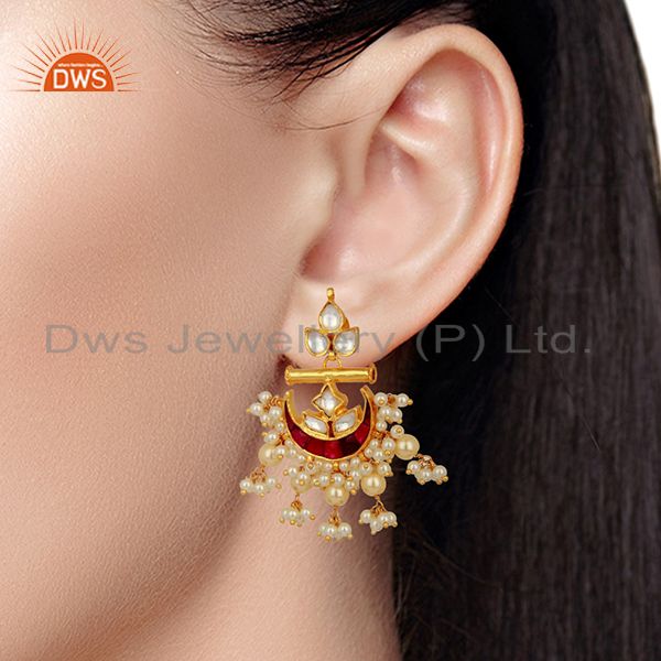 Suppliers Indian Traditional Kundan Polki Sterling Silver Gold Plated Chand Bali Earrings