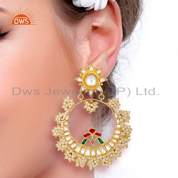 Suppliers Designer Kundan Polki 925 Sterling Silver Gold Plated Chand Bali Earring Jewelry
