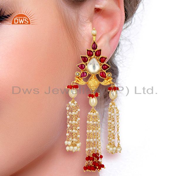 Suppliers Coral With Pearl Gemstone 925 Sterling Silver Gold Plated Chandelier Earrings