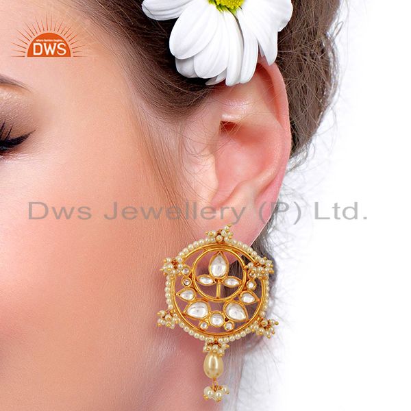 Suppliers Kundan Polki With Pearl Drop 925 Sterling Silver Gold Plated Wholesale Jewelry