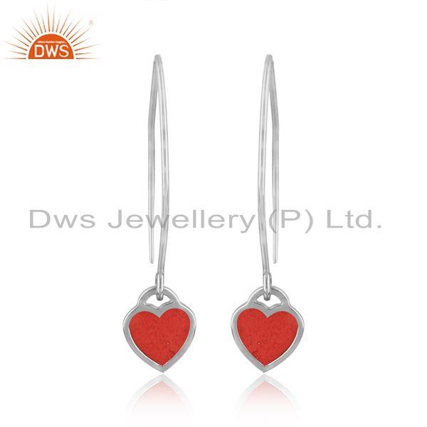 Designer of Dainty dangle earring in fine silver 925 with light red enamel
