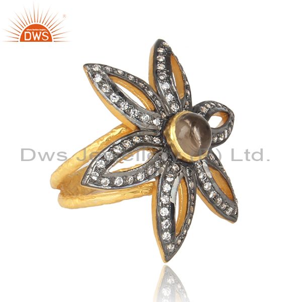Cz And Smoky Gold, Black On 925 Silver Floral Statement Ring