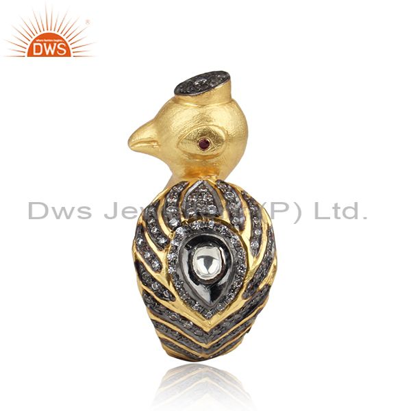 Handmade peacock design gold on silver ring with ruby crystal cz