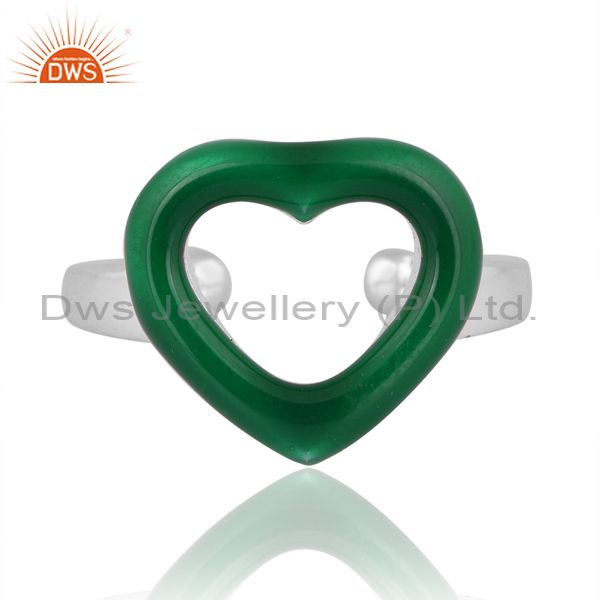 Heart Shaped Sterling Silver White Ring With Green Enamel